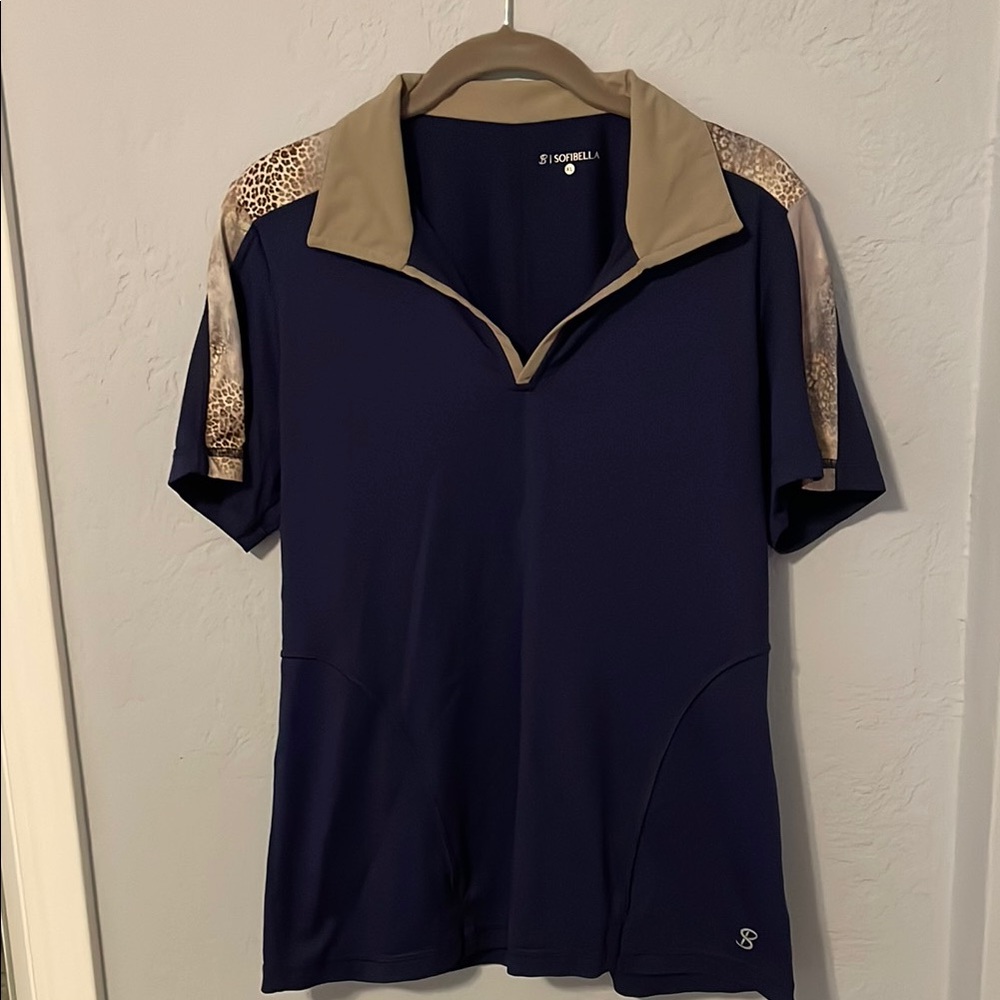 Sofibella Navy and Tan Short Sleeve Golf Shirt